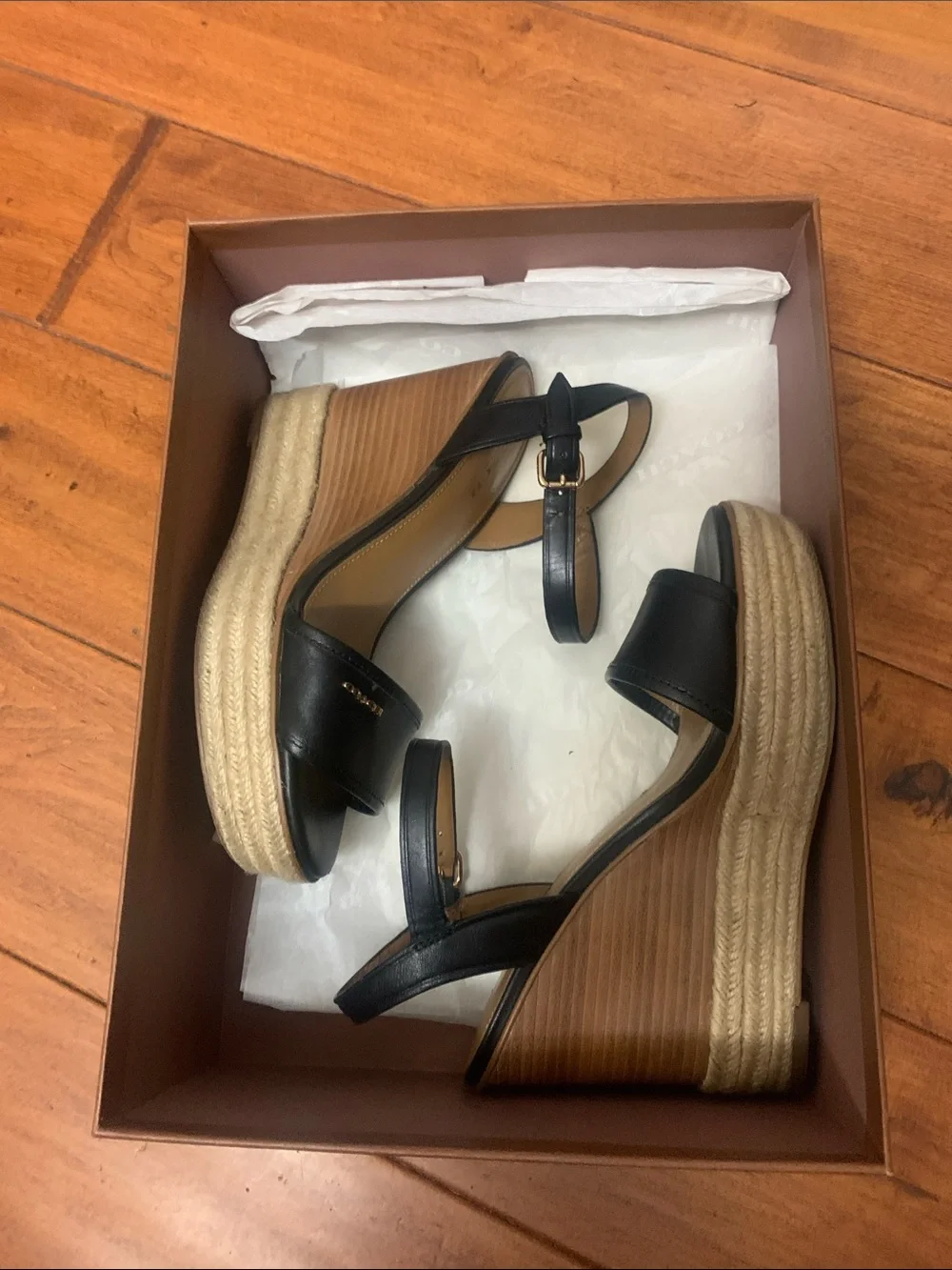 Coach Elda Mat Black Wedge Sandals with buckle strap Size 5.5